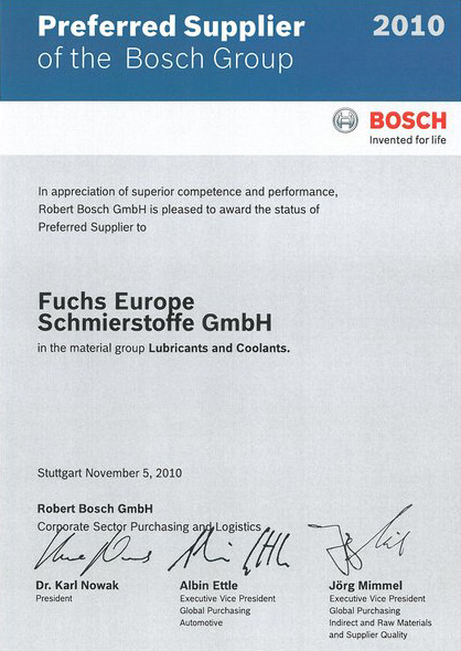 Fuchs получает "Статус привилегированного поставщика" Группы компаний Bosch